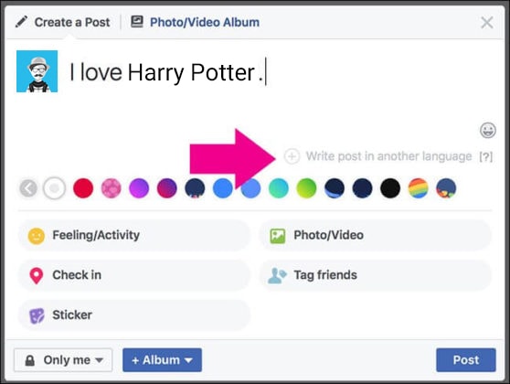Create Facebook Posts in Multiple Languages Write post in another language button 558x420 min