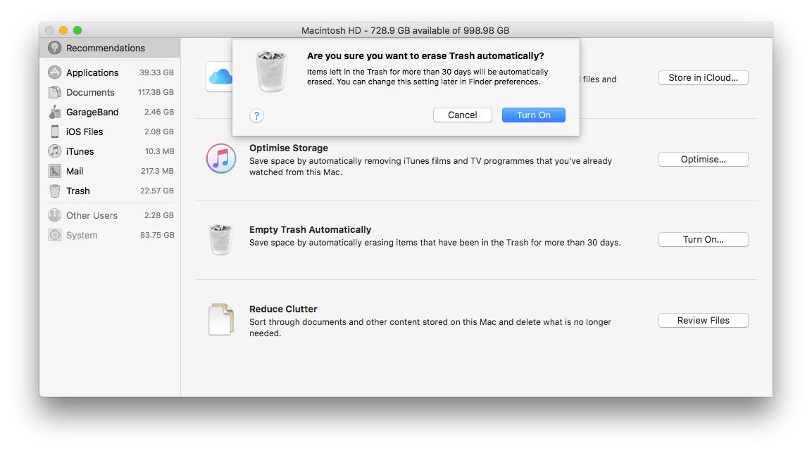 Automatically Free Up Storage Space in mac OS Sierra