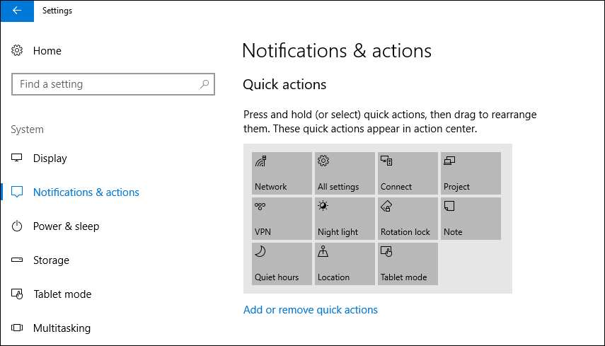 add or remove quick action icons