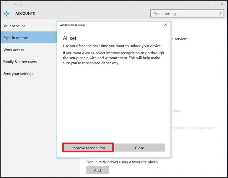 Windows 10 Hello Facial Recognition