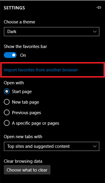 Importing favorites into microsoft edge